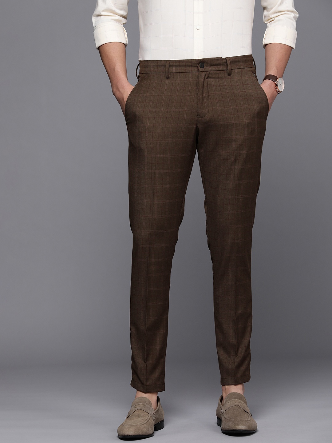 

Louis Philippe Ath Work Men Checked Comfort Tapered Fit Trousers, Brown