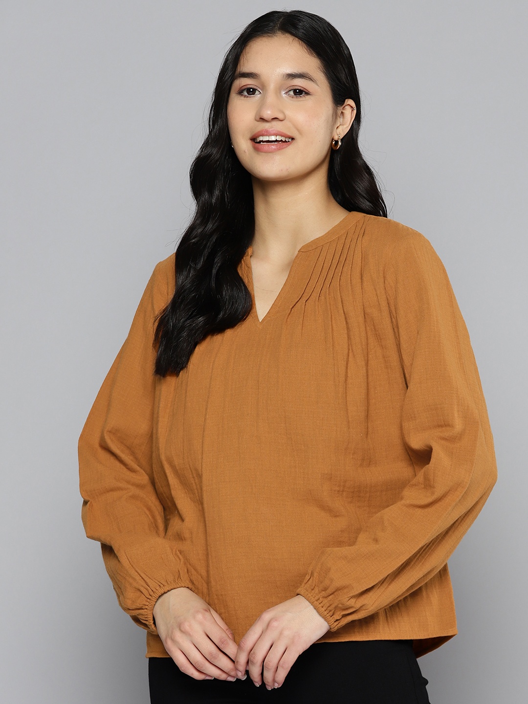 

HERE&NOW Women Mandarin Collar Bishop Sleeves Pure Cotton Blouson Top, Mustard