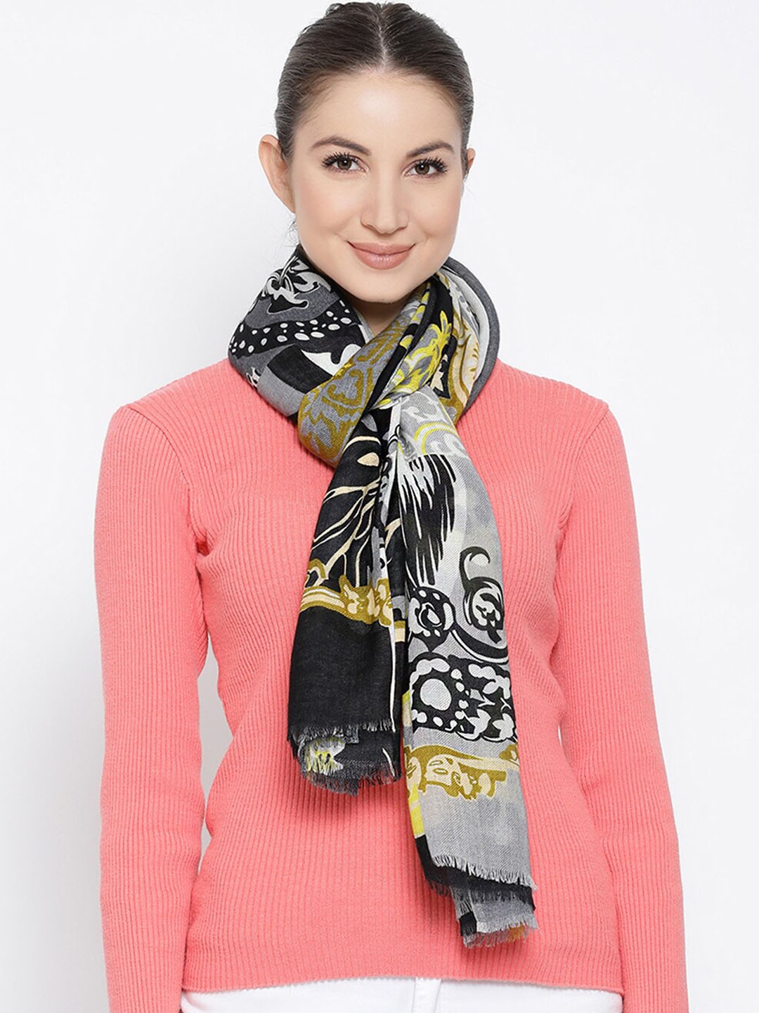 

SHINGORA Women Grey & Yellow Printed Wool Shawl