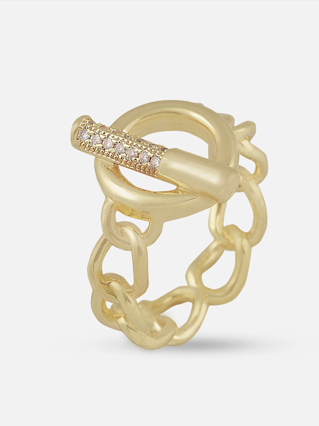 

Tipsyfly Gold-Toned White Crystals Studded Chain Finger Ring