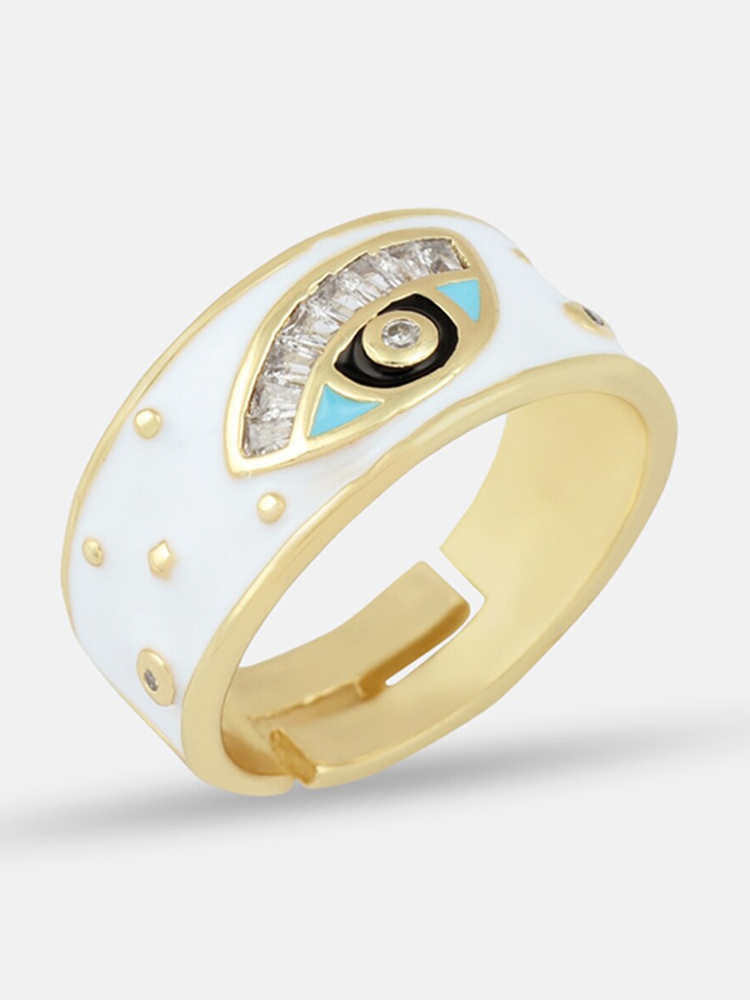 

Tipsyfly Gold-Toned White Enamelled Evil-Eye Charm Finger Ring