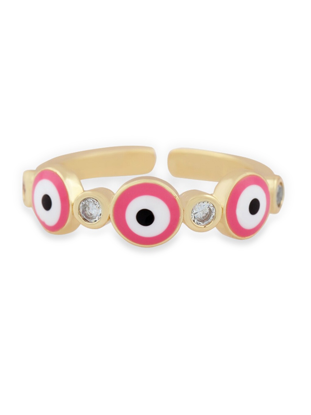 

Tipsyfly Gold-Toned & Pink Crystal Studded Triple Evil Eye Adjustable Finger Ring