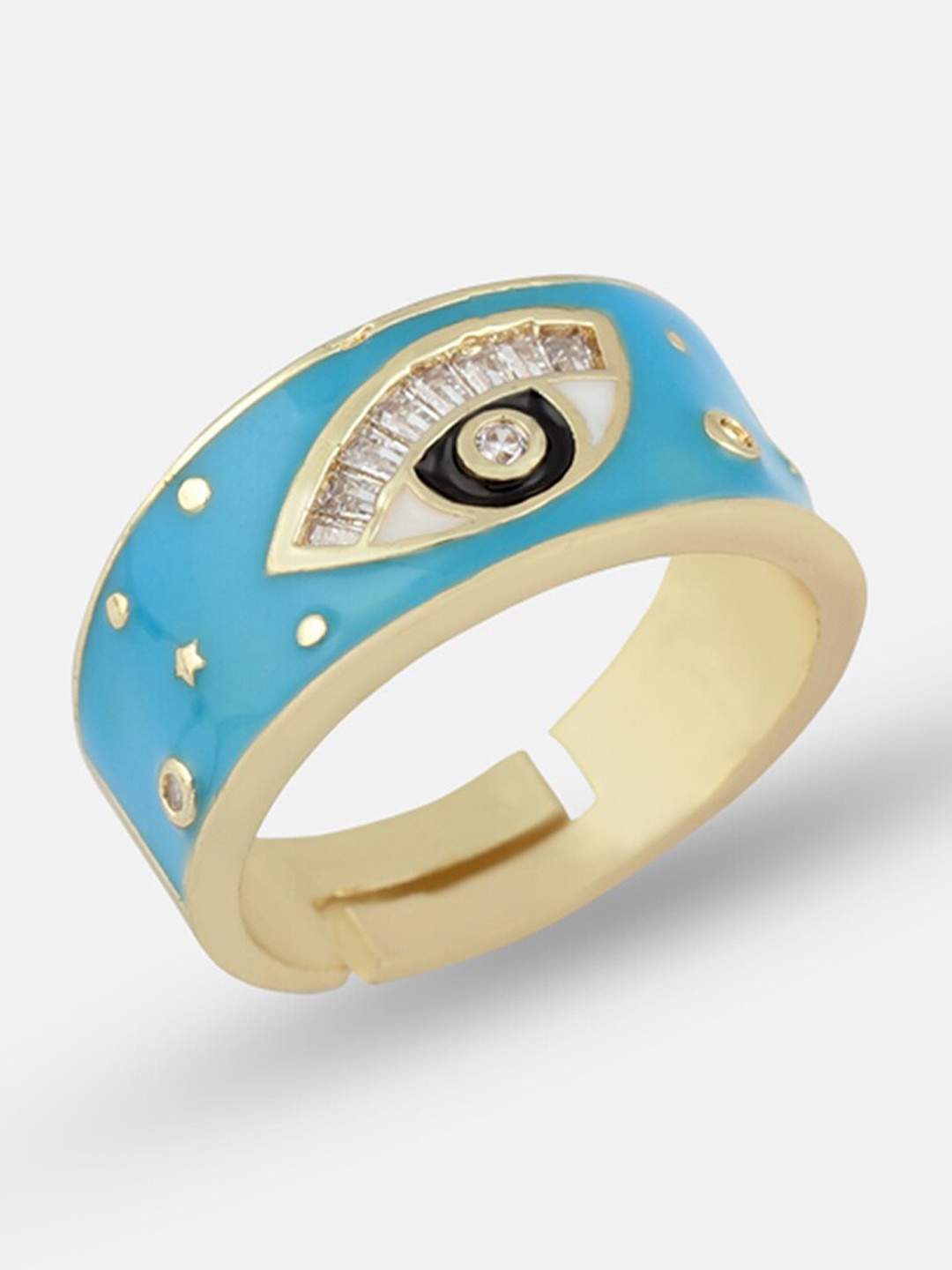 

Tipsyfly Gold-Toned Blue Crystal Stone-Studded Evil Eye Adjustable Finger Ring