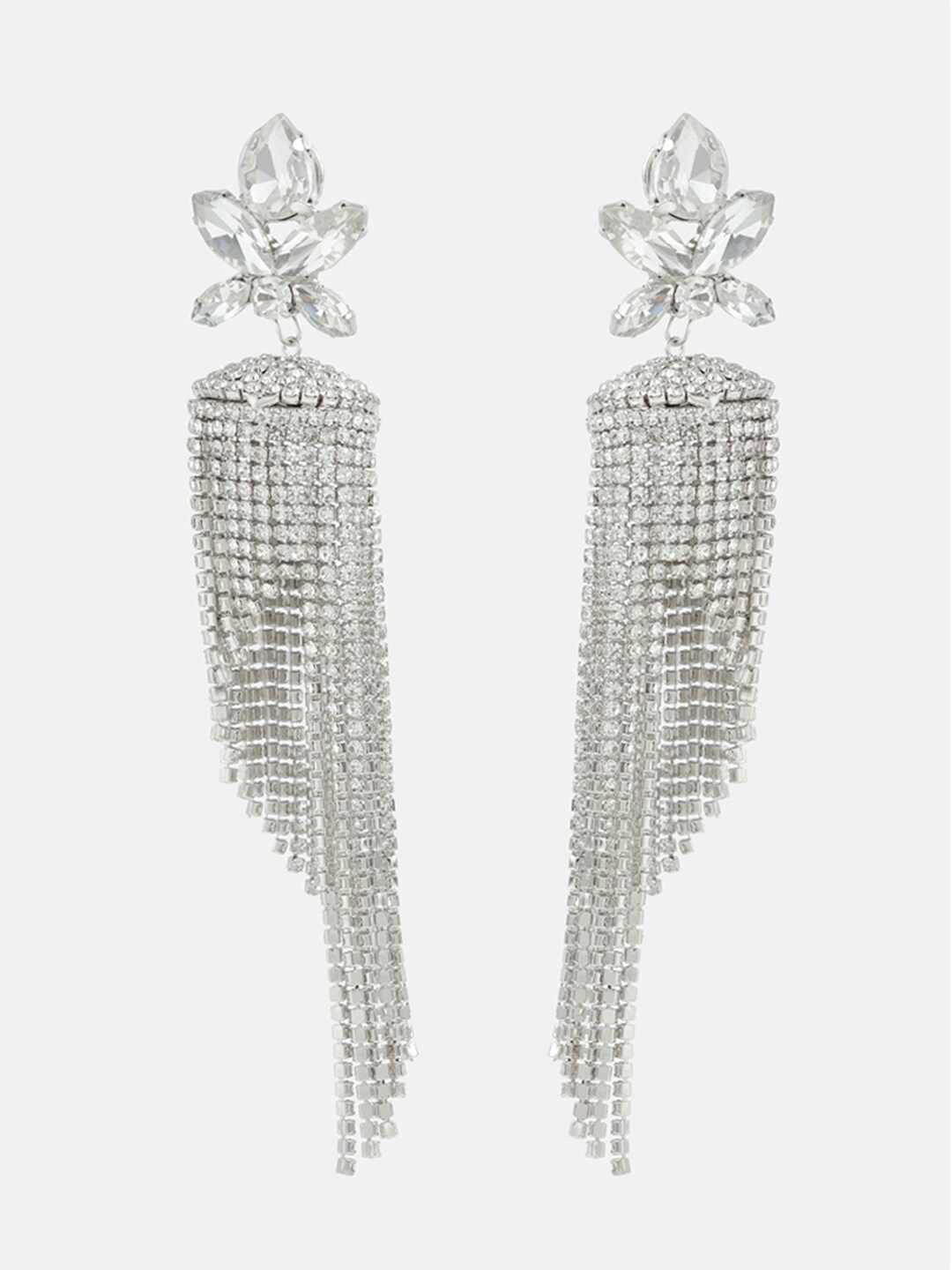 

Tipsyfly Silver-Toned Cascading Crystal Tassels Contemporary Drop Earrings