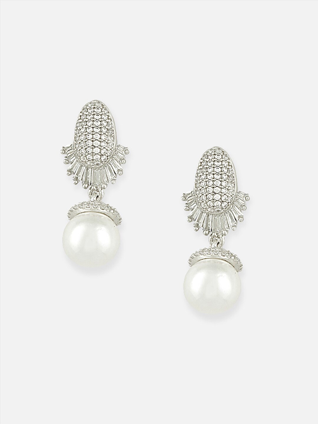 

Tipsyfly Silver-Toned Contemporary Zircon and Pearl Drop Earrings