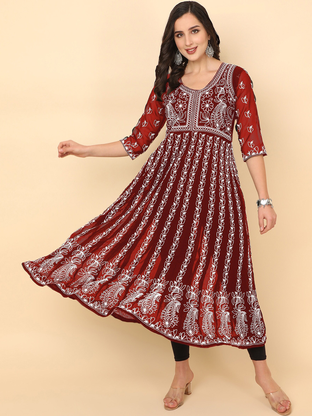 

KALINI Women Red & White Ethnic Motifs Printed Georgette Anarkali Kurta