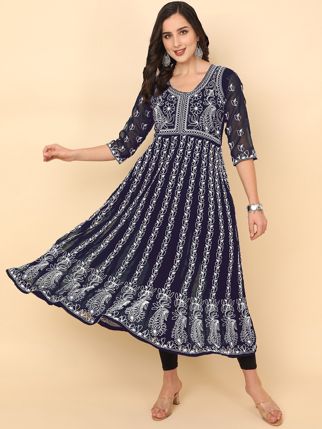 

KALINI Women Navy Blue & White Ethnic Motifs Printed Georgette Kurta