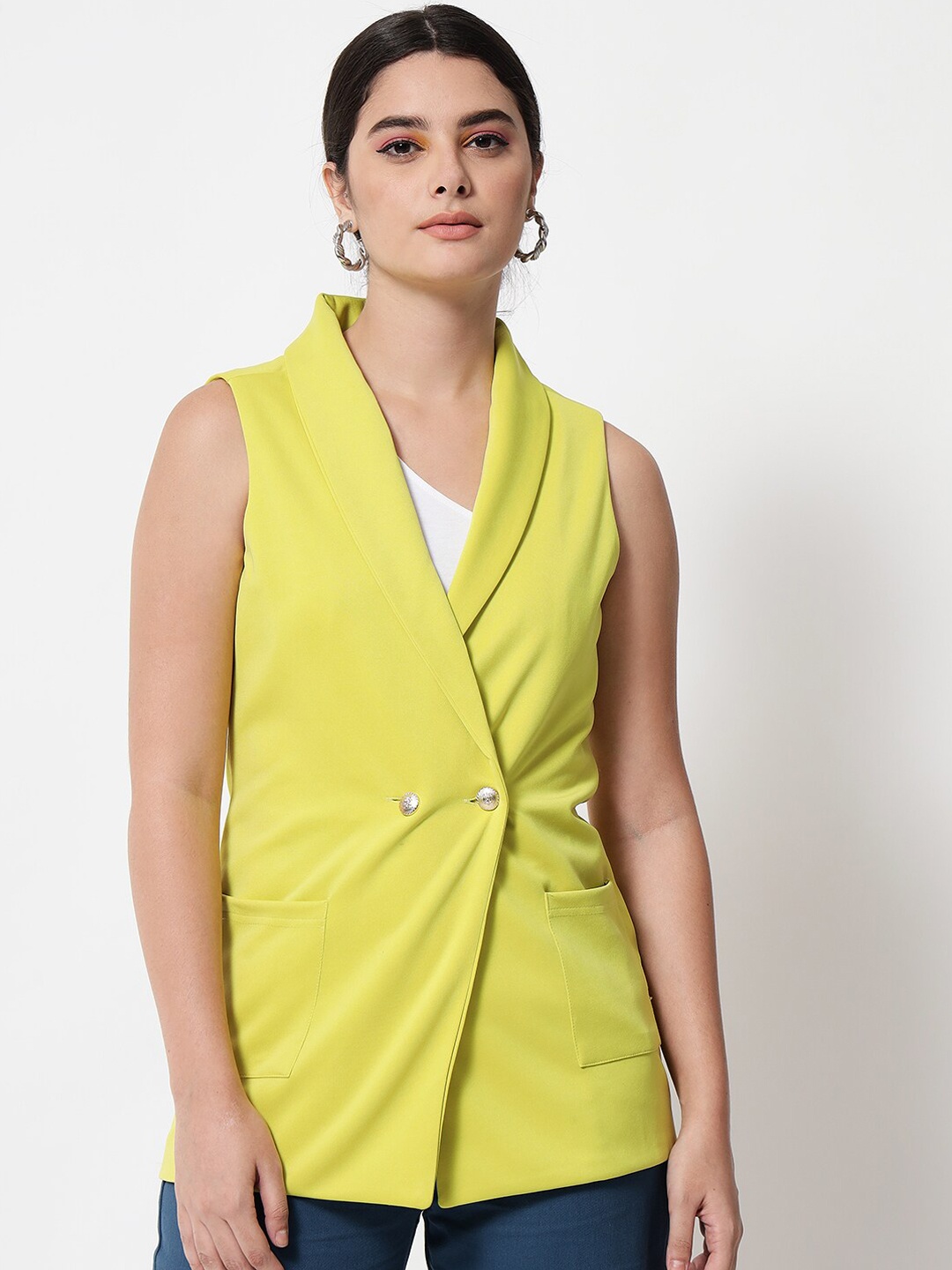 

Orchid Blues Women Yellow Solid Double Breasted Sleeveless Comfort-Fit Blazer