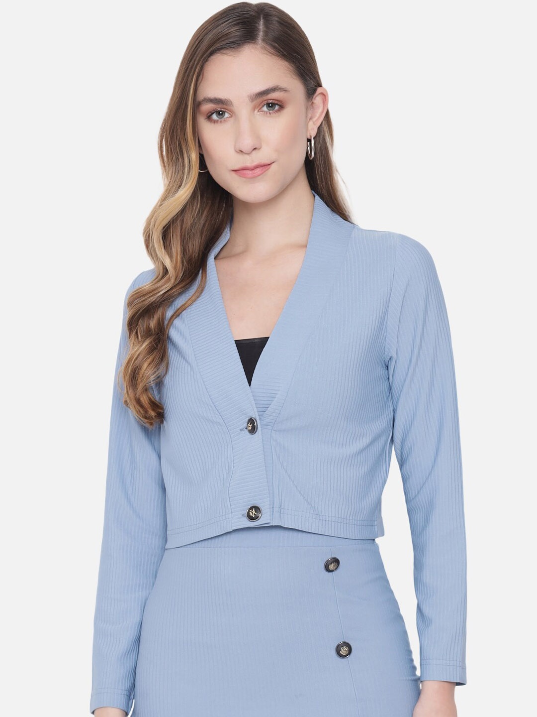

Orchid Blues Women Blue Solid Single-Breasted Cropped Blazer