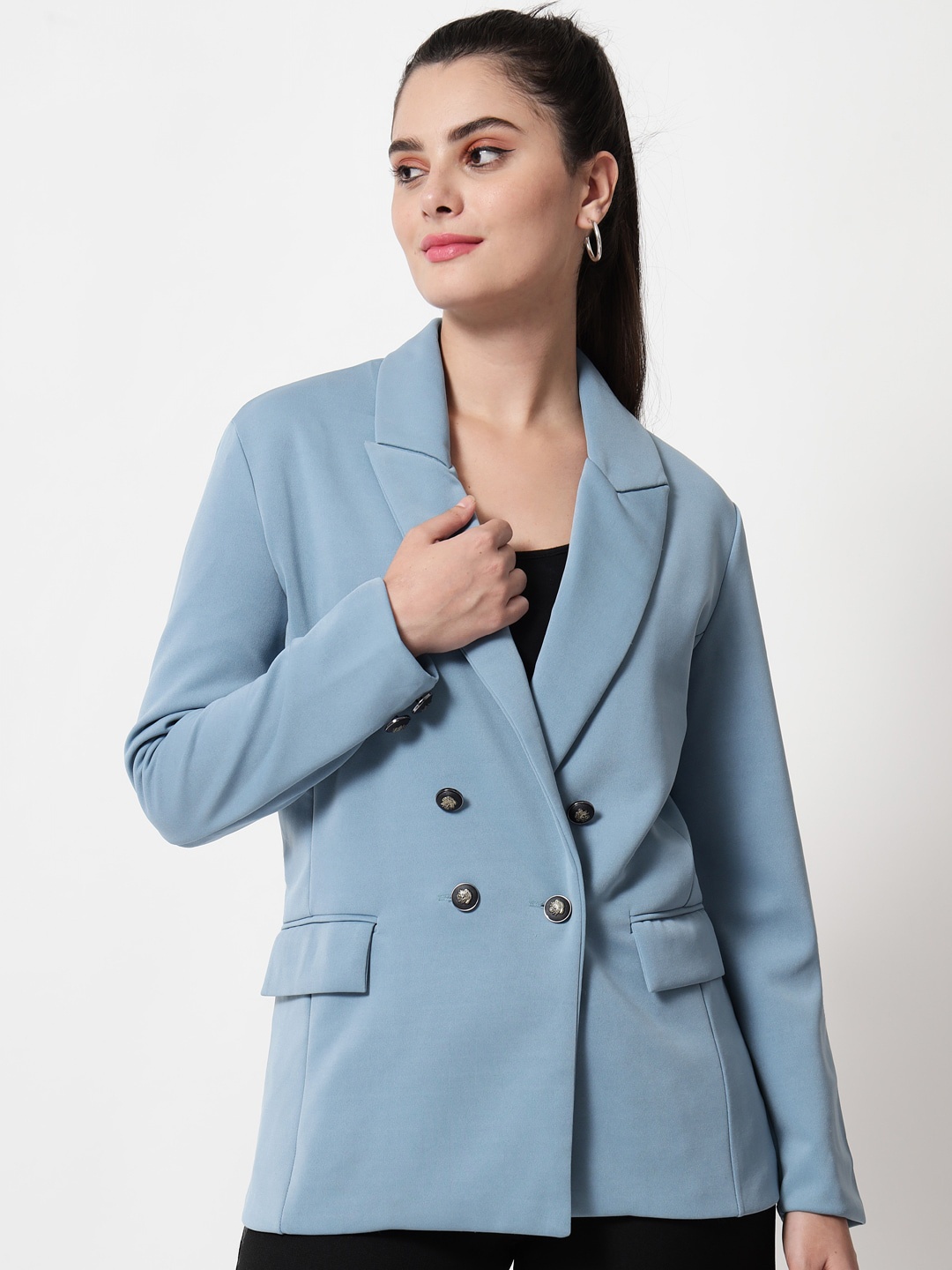 

Orchid Hues Woman Blue Solid Comfort-Fit Double-Breasted Blazer