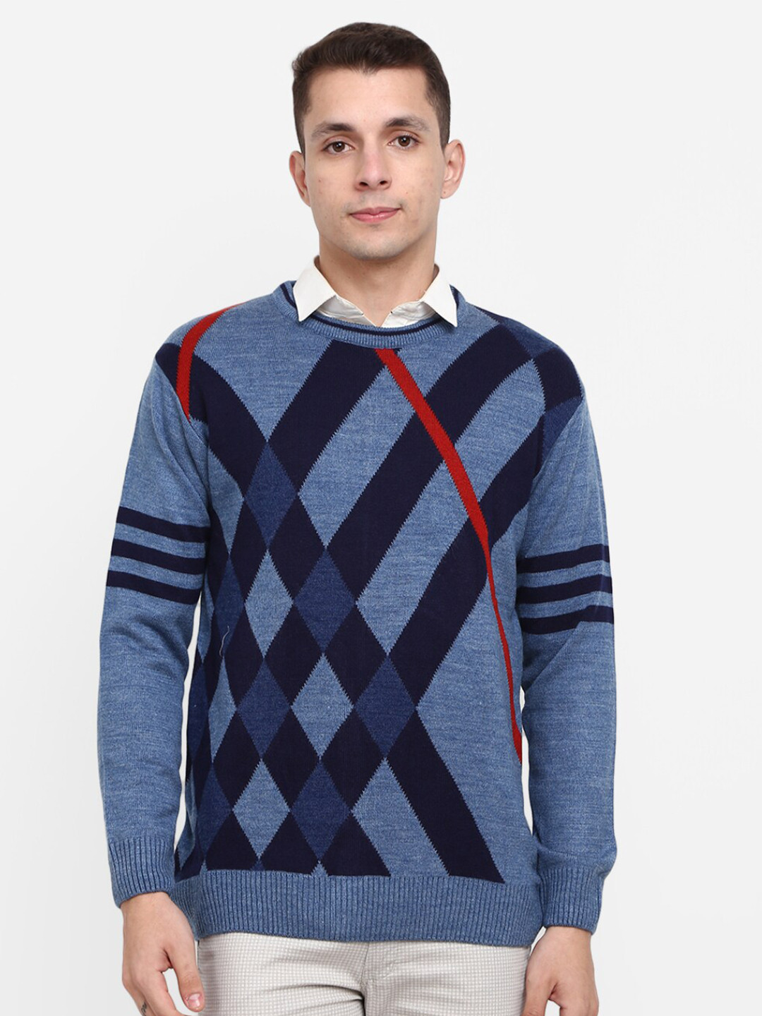 

V-Mart Men Blue & Navy Blue Striped Cotton Pullover Sweater