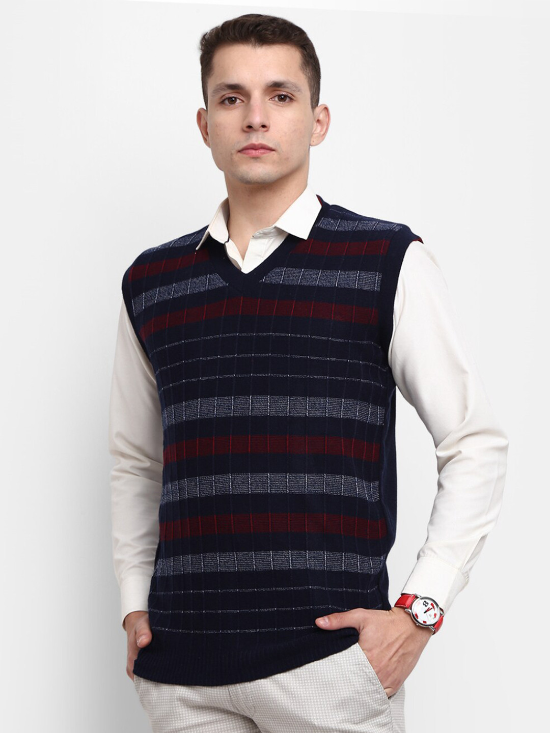 

V-Mart Men Navy Blue & Maroon Striped Cotton Sweater Vest