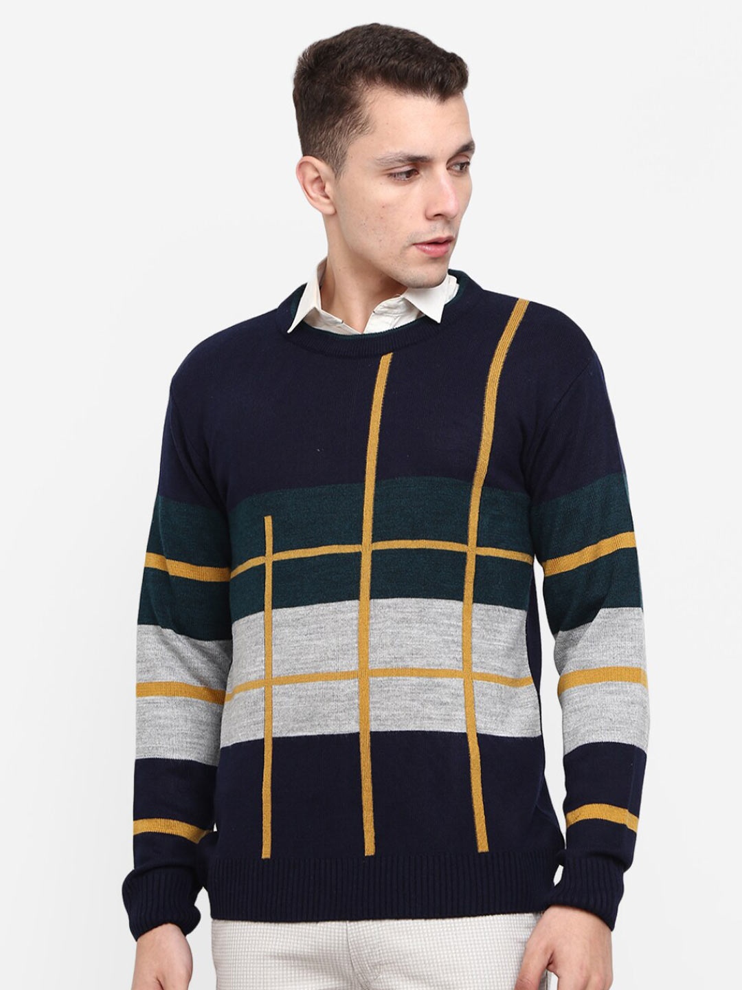 

V-Mart Men Navy Blue & Grey Striped Cotton Pullover Sweater