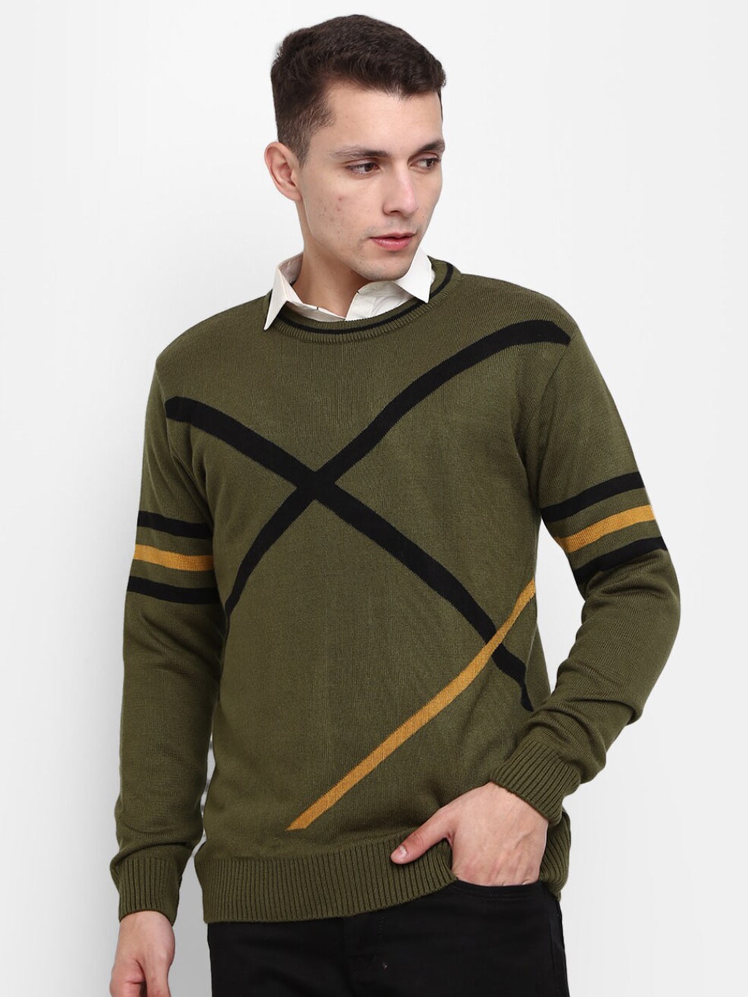 

V-Mart Men Olive Green & Black Cotton Pullover Sweater