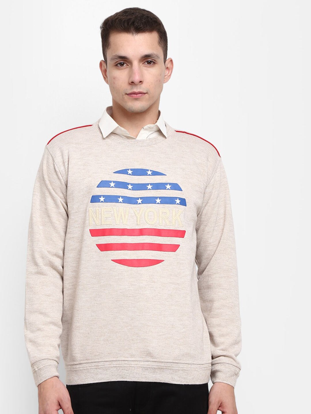 

V-Mart Men Beige & Blue Graphic Printed Pullover Sweater