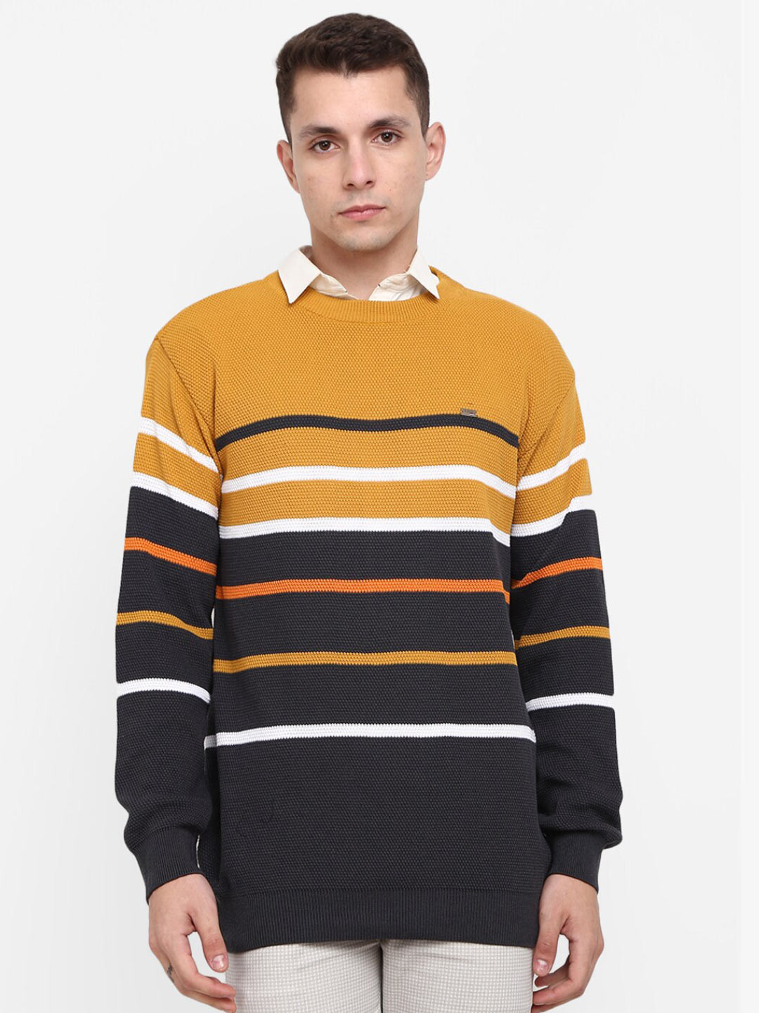 

V-Mart Men Mustard & Black Striped Acrylic Sweater