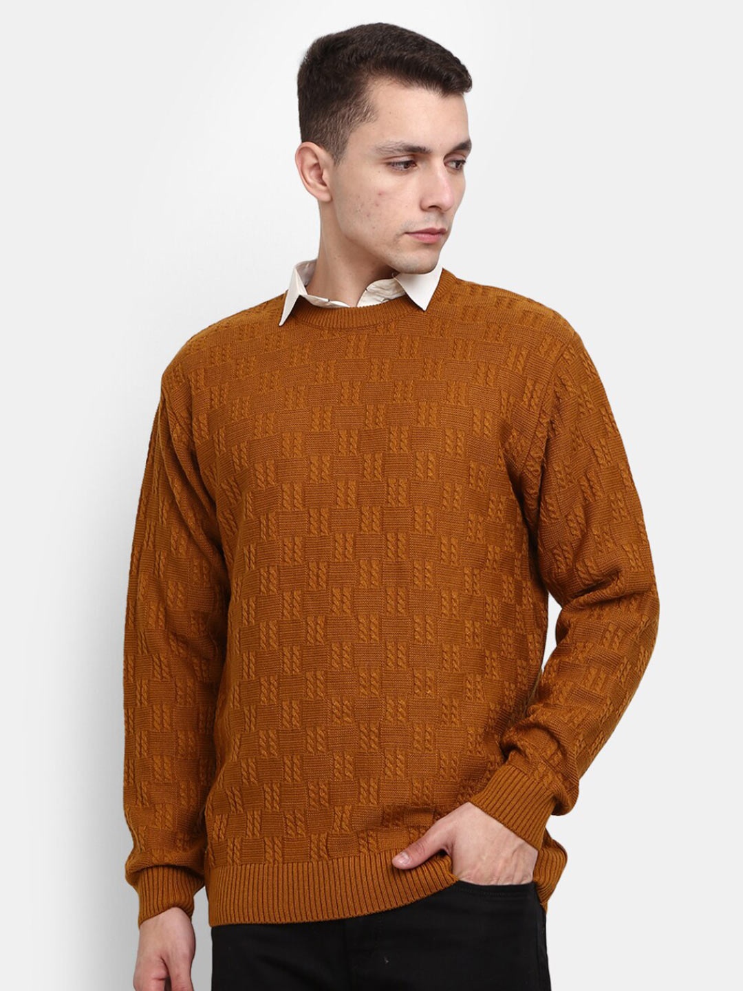 

V-Mart Men Mustard Cable Knit Cotton Sweater