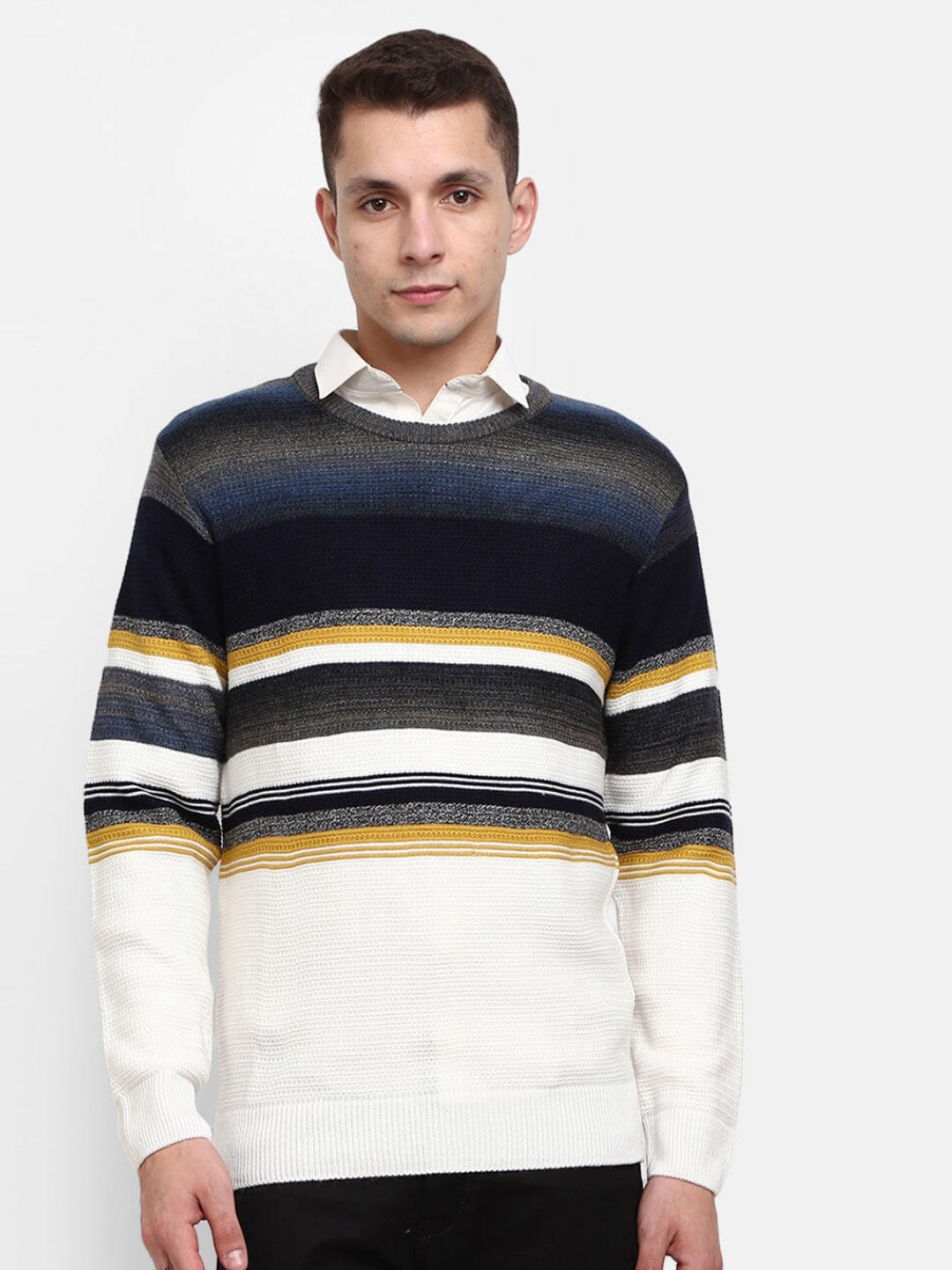 

V-Mart Men White & Black Striped Cotton Pullover Sweater