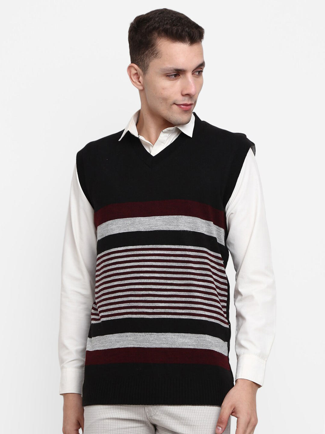 

V-Mart Men Grey & Black Striped Cotton Sweater Vest