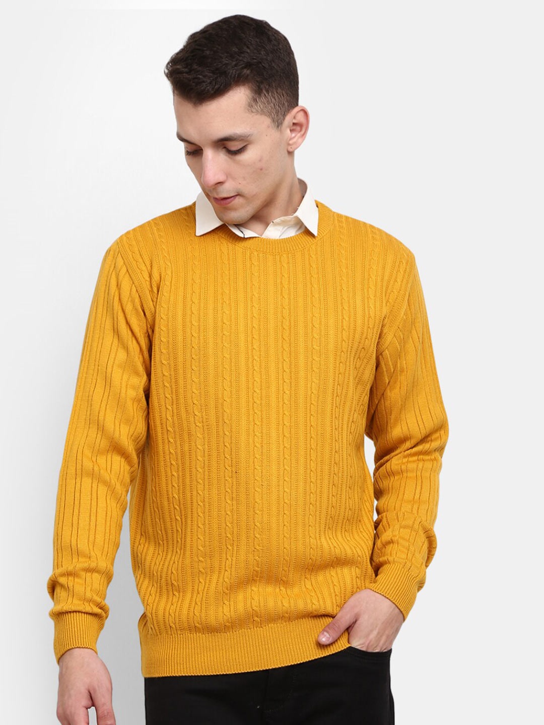 

V-Mart Men Yellow Cable Knit Cotton Pullover Sweater