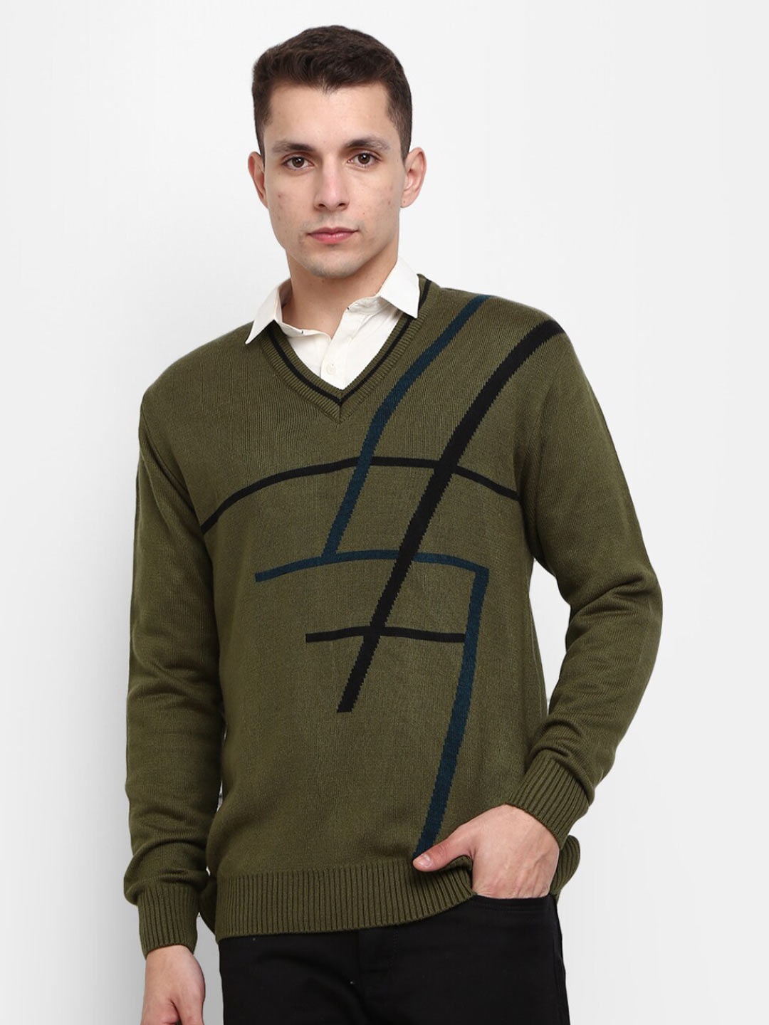 

V-Mart Men Olive Green & Black Cotton Pullover Sweater