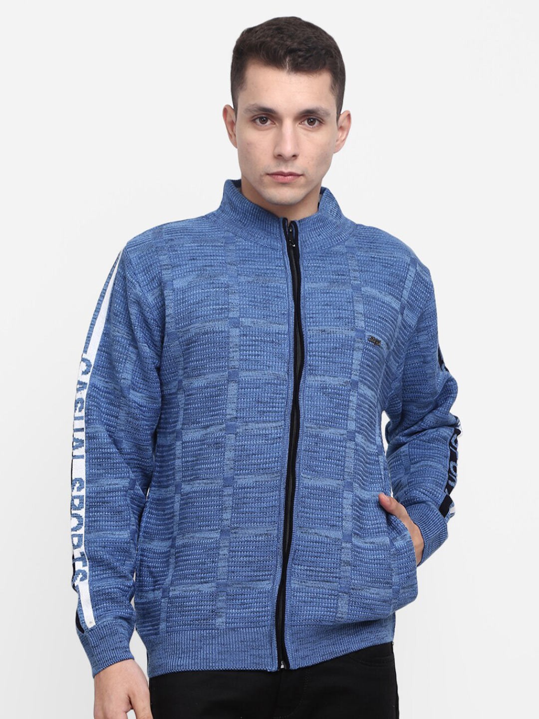 

V-Mart Men Blue & Black Self Design Cotton Pullover Sweater