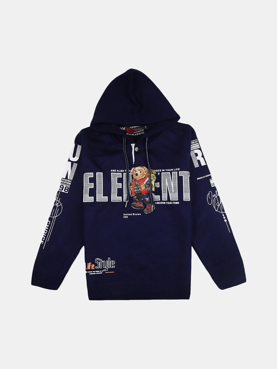 

V-Mart Boys Navy Blue & Grey Typography Printed Hooded Cotton Sweater