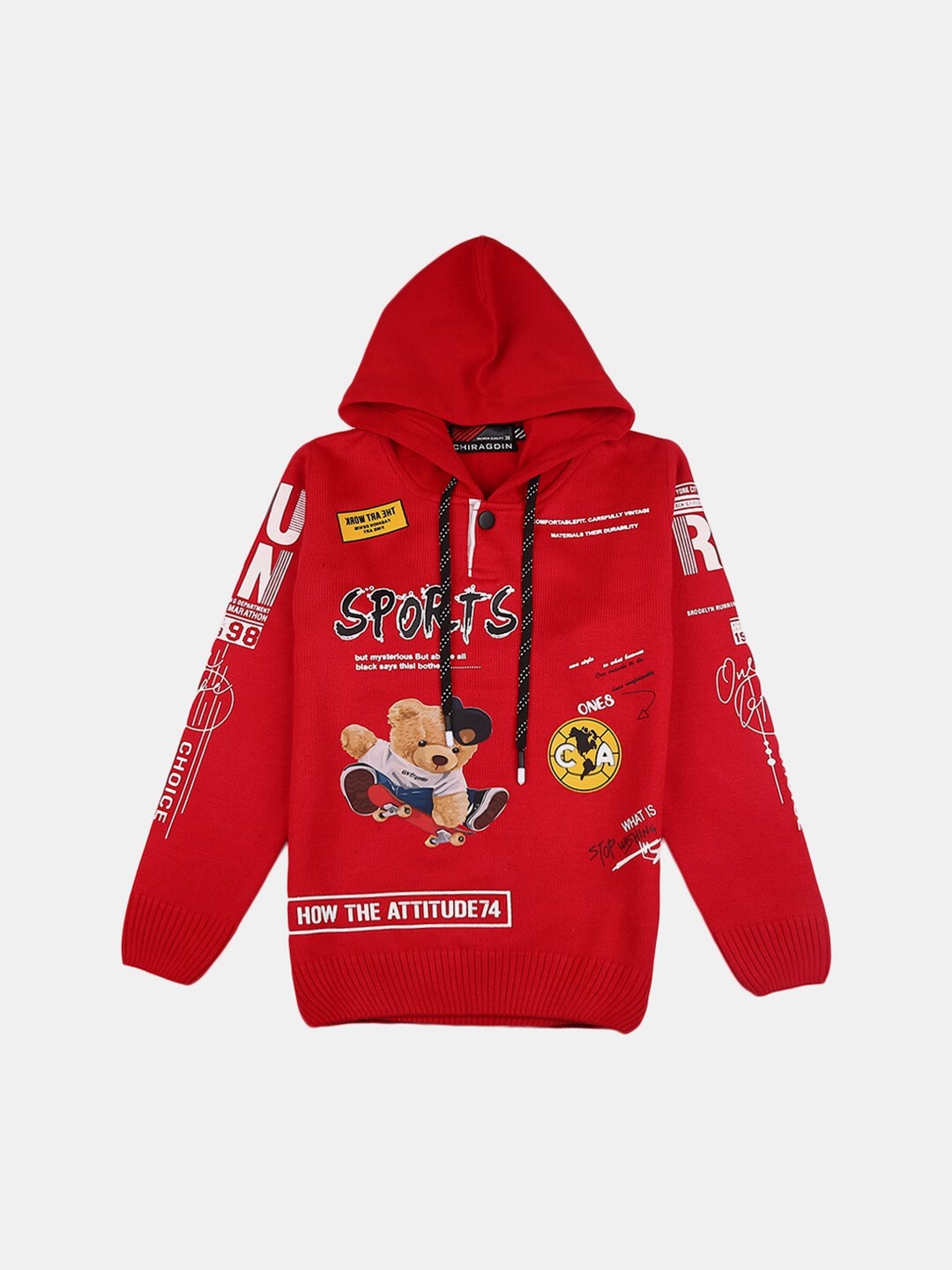 

V-Mart Boys Red & White Graphic Printed Hooded Cotton Sweater