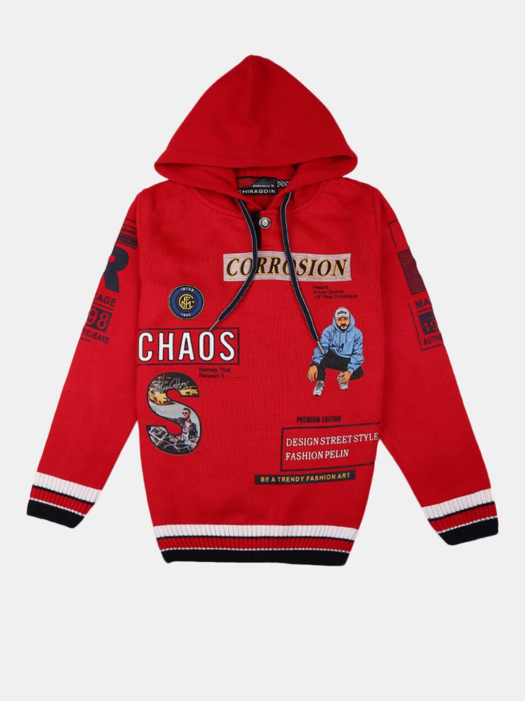 

V-Mart Boys Red & Blue Graphic Printed Hooded Cotton Sweater