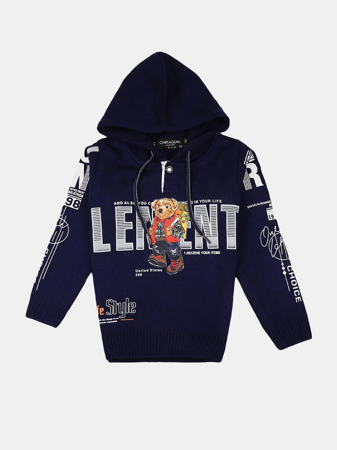 

V-Mart Boys Navy Blue & White Typography Printed Hooded Cotton Sweater
