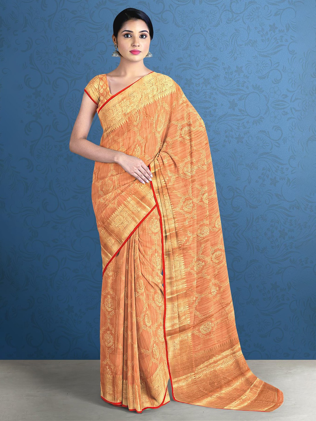 

Kalamandir Peach-Coloured & Gold-Toned Woven Design Zari Silk Blend Saree
