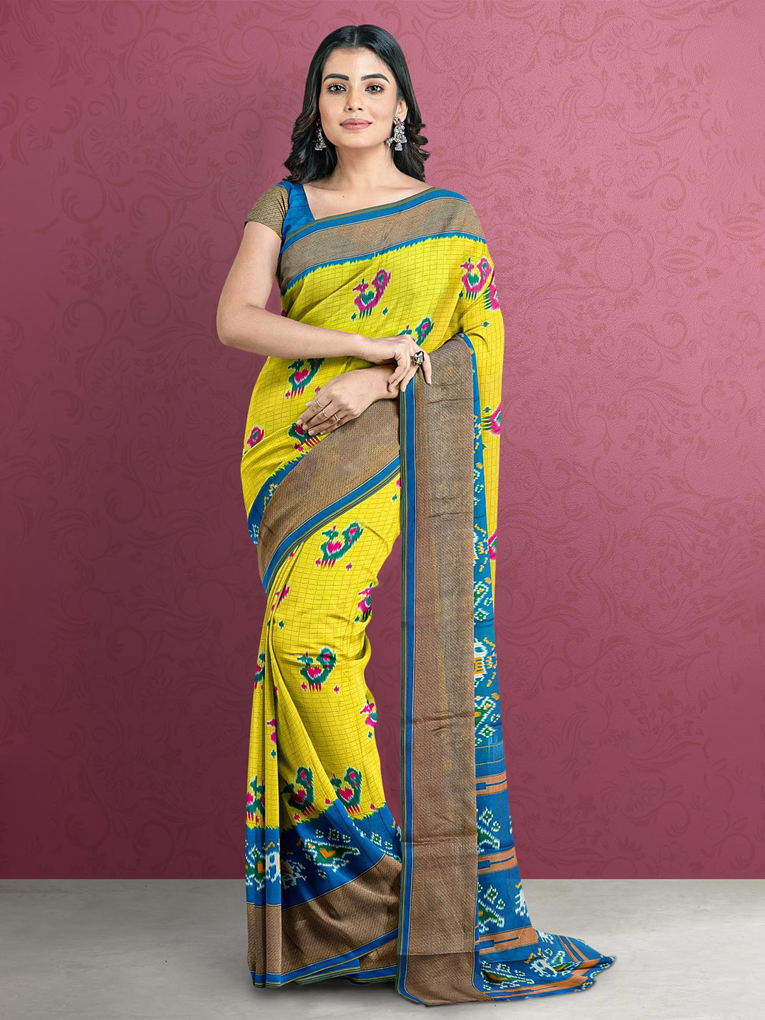 

Kalamandir Yellow & Blue Printed Silk Blend Saree