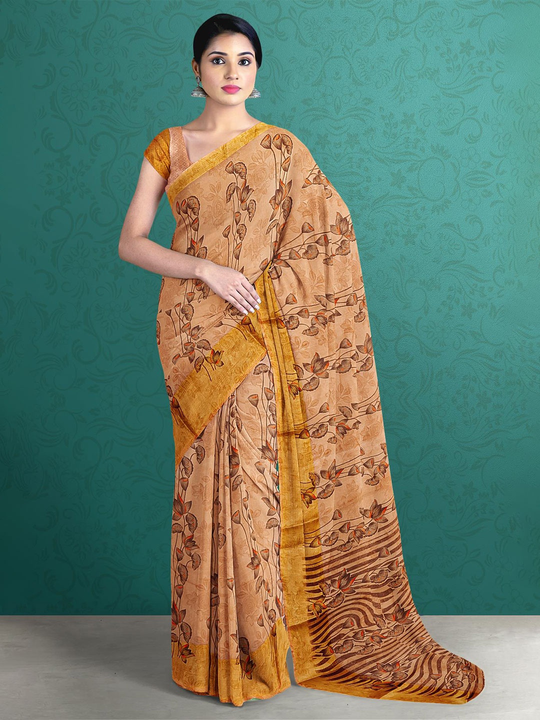 

Kalamandir Orange & Beige Printed Floral Saree