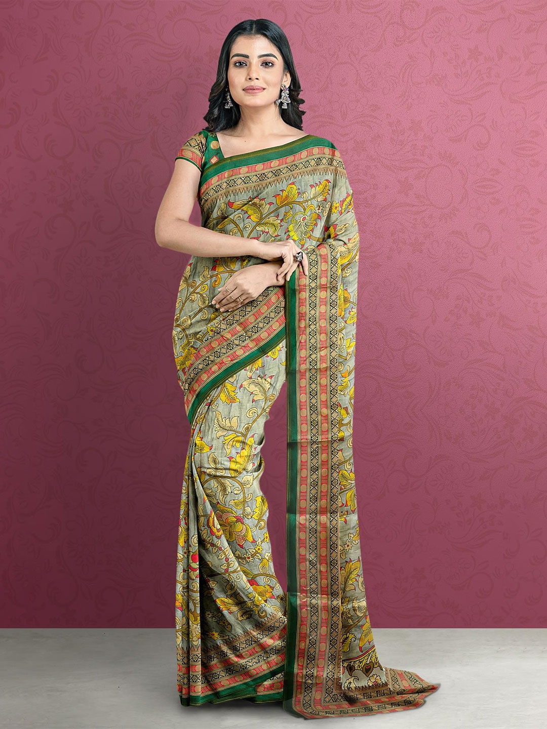 

Kalamandir Grey & Orange Kalamkari Silk Blend Saree