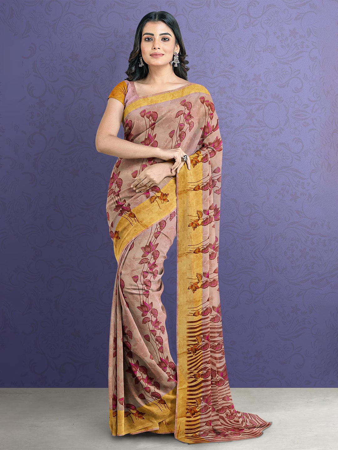 

Kalamandir Pink & Gold-Toned Printed Floral Saree
