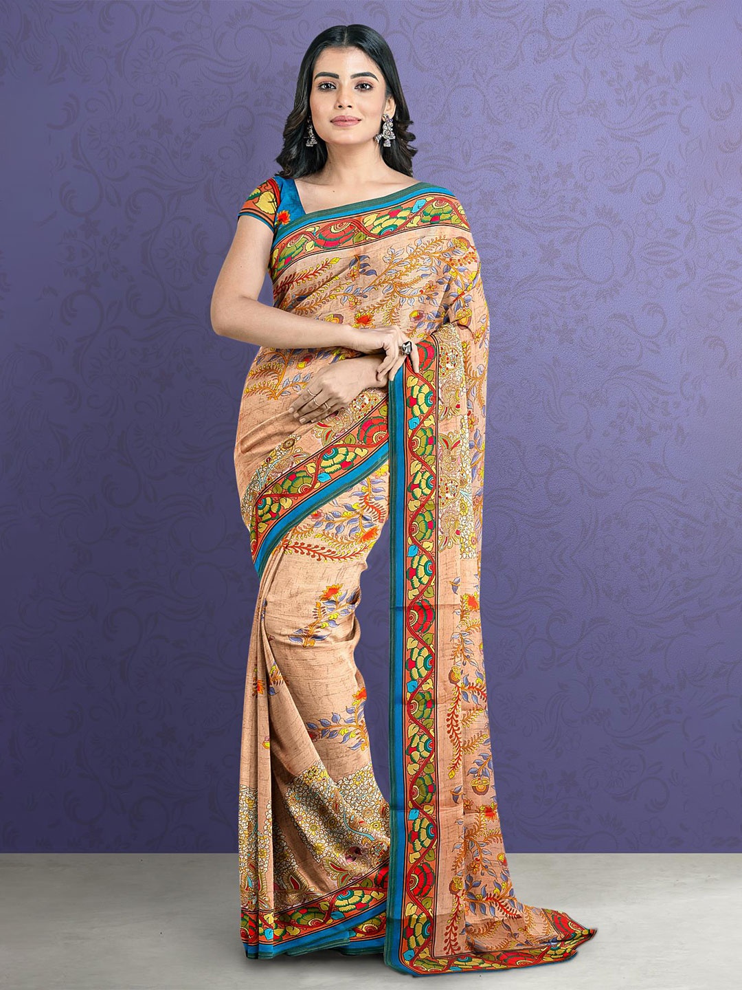

Kalamandir Orange & Blue Kalamkari Silk Blend Saree