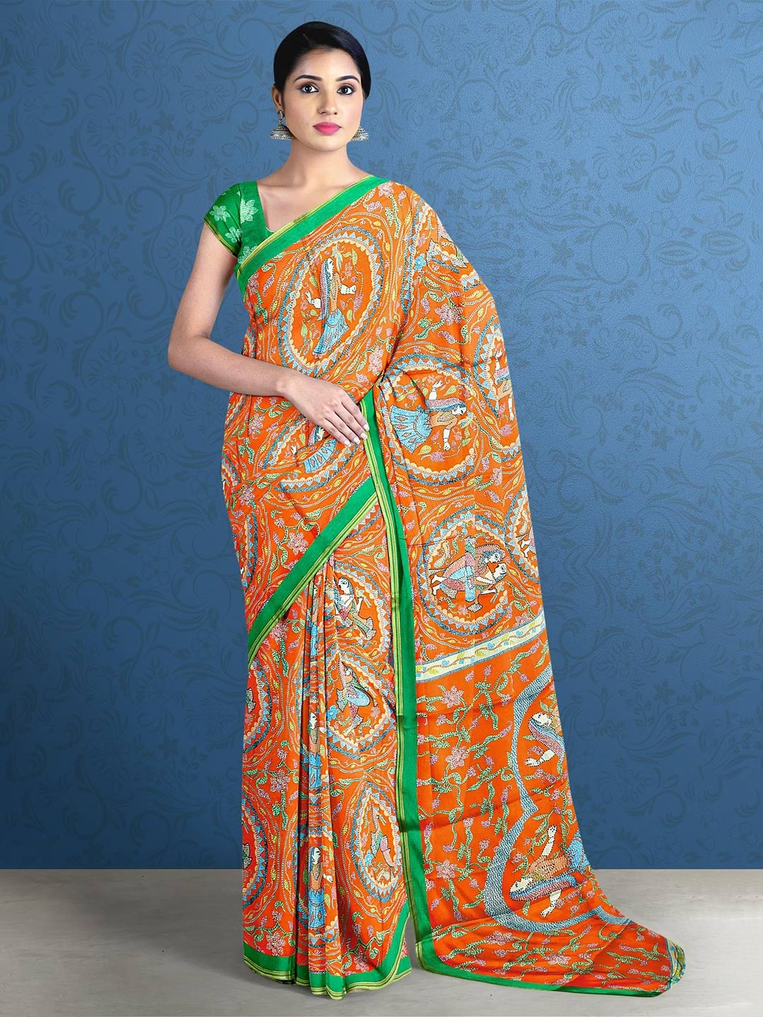 

Kalamandir Orange & Green Ethnic Motifs Silk Blend Saree