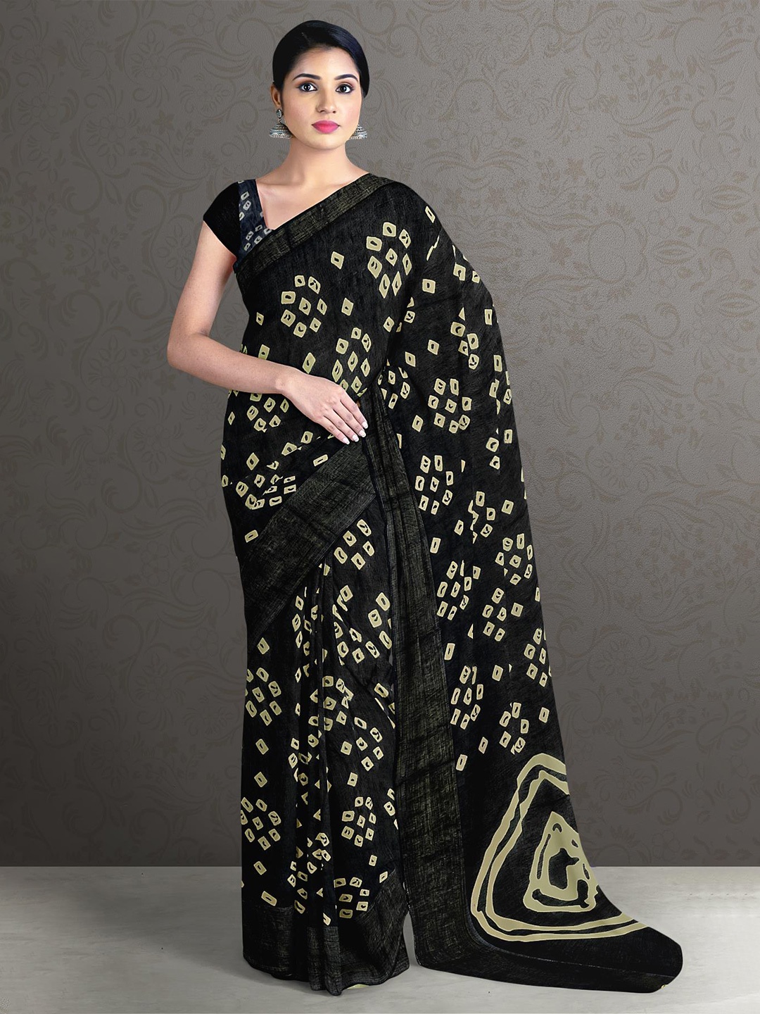 

Kalamandir Black & Cream-Coloured Bandhani Saree