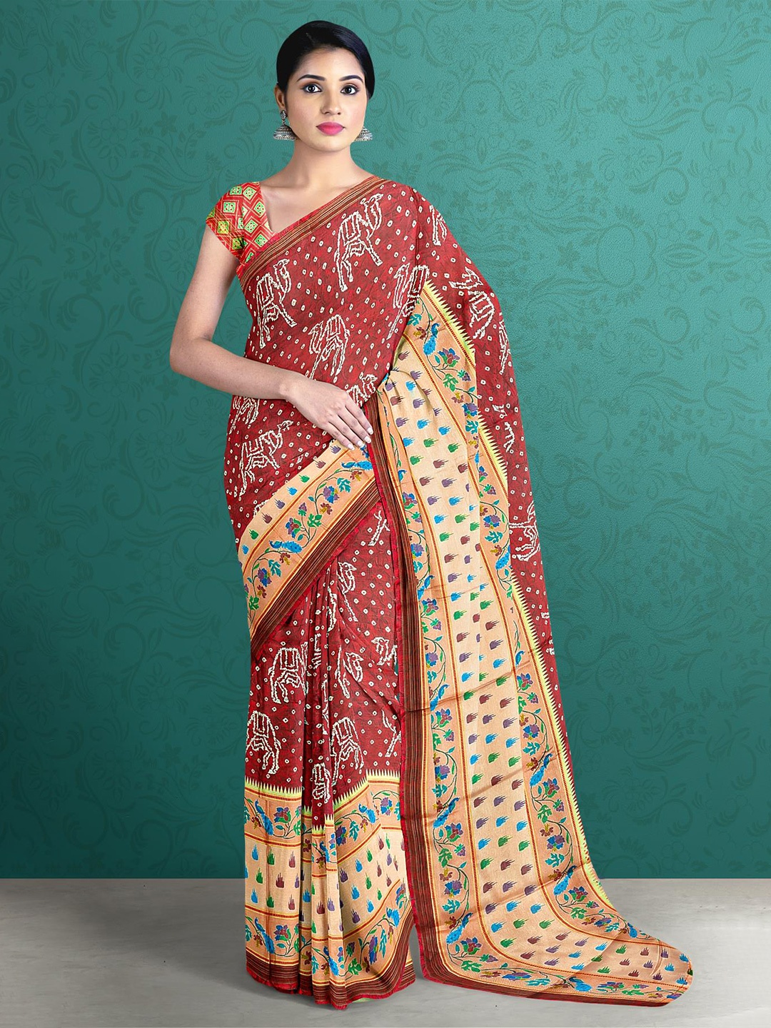 

Kalamandir Rust & Green Ethnic Motifs Silk Blend Saree