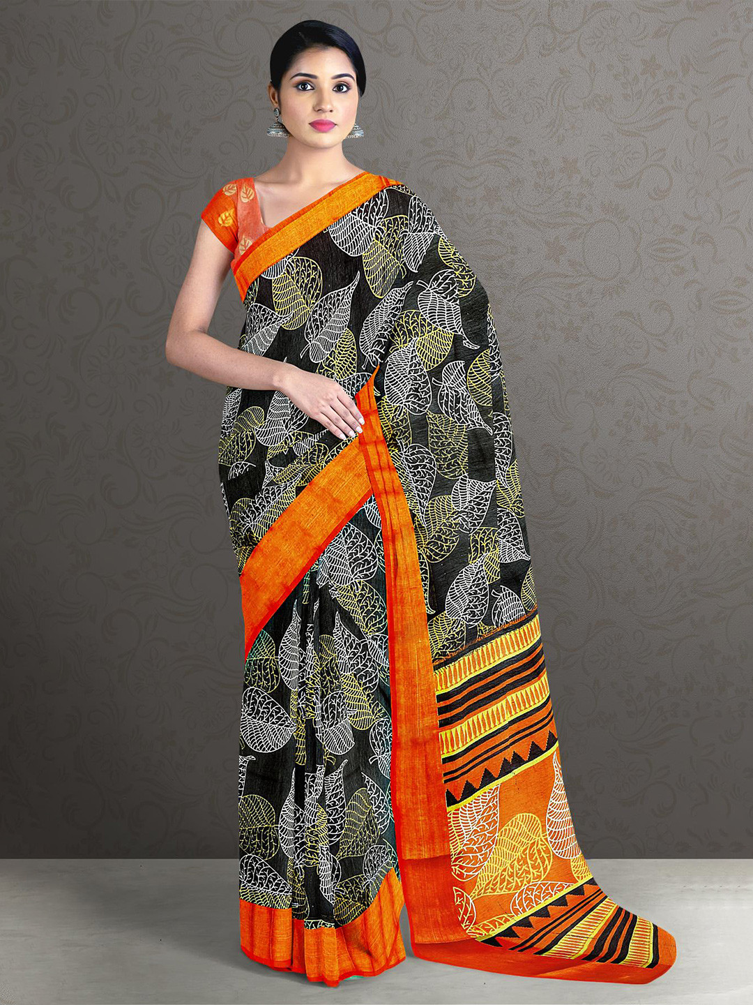 

Kalamandir Black & Orange Floral Saree