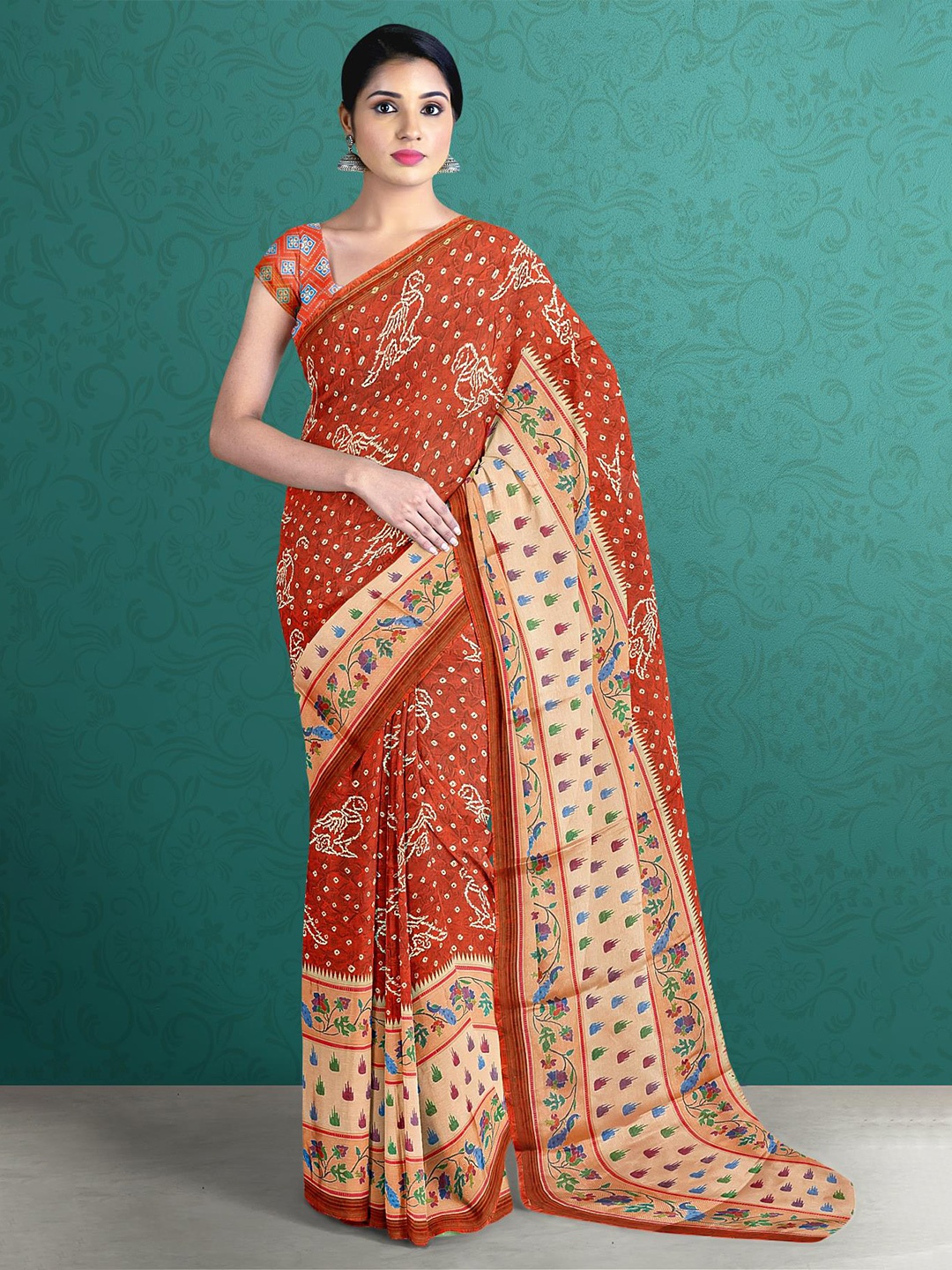 

Kalamandir Rust & Orange Bandhani Silk Blend Saree