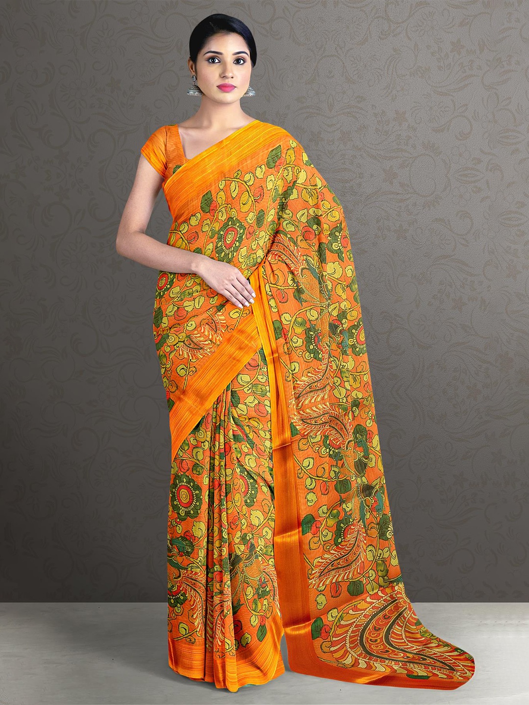 

Kalamandir Mustard & Green Kalamkari Saree