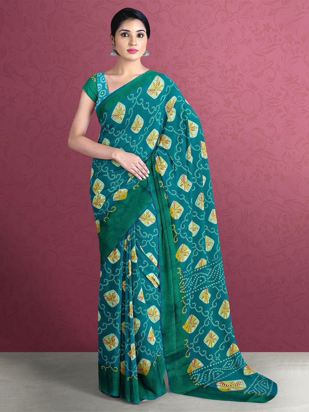 

Kalamandir Blue & Gold-Toned Printed Bandhani Saree