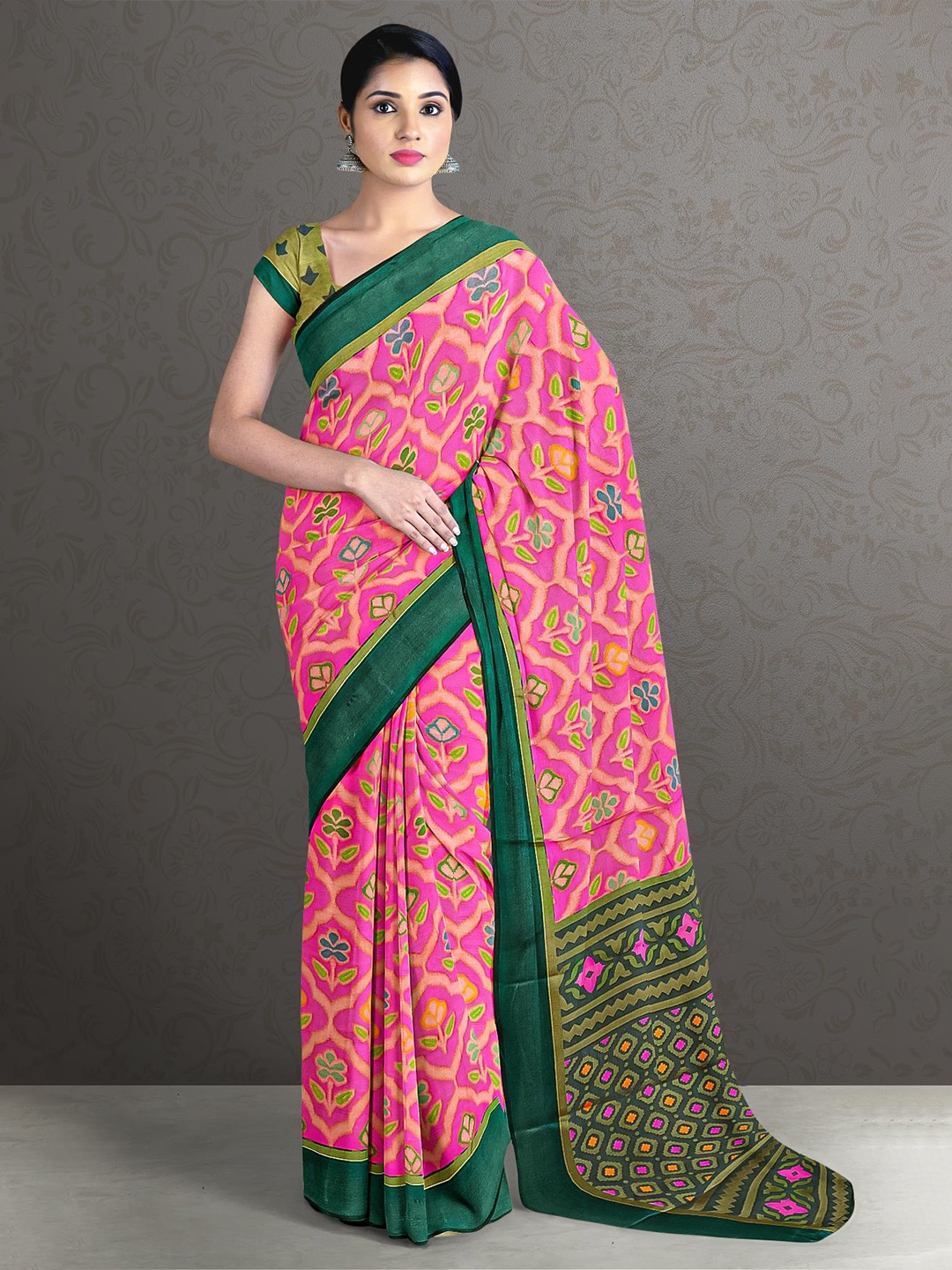 

Kalamandir Pink & Green Printed Floral Saree