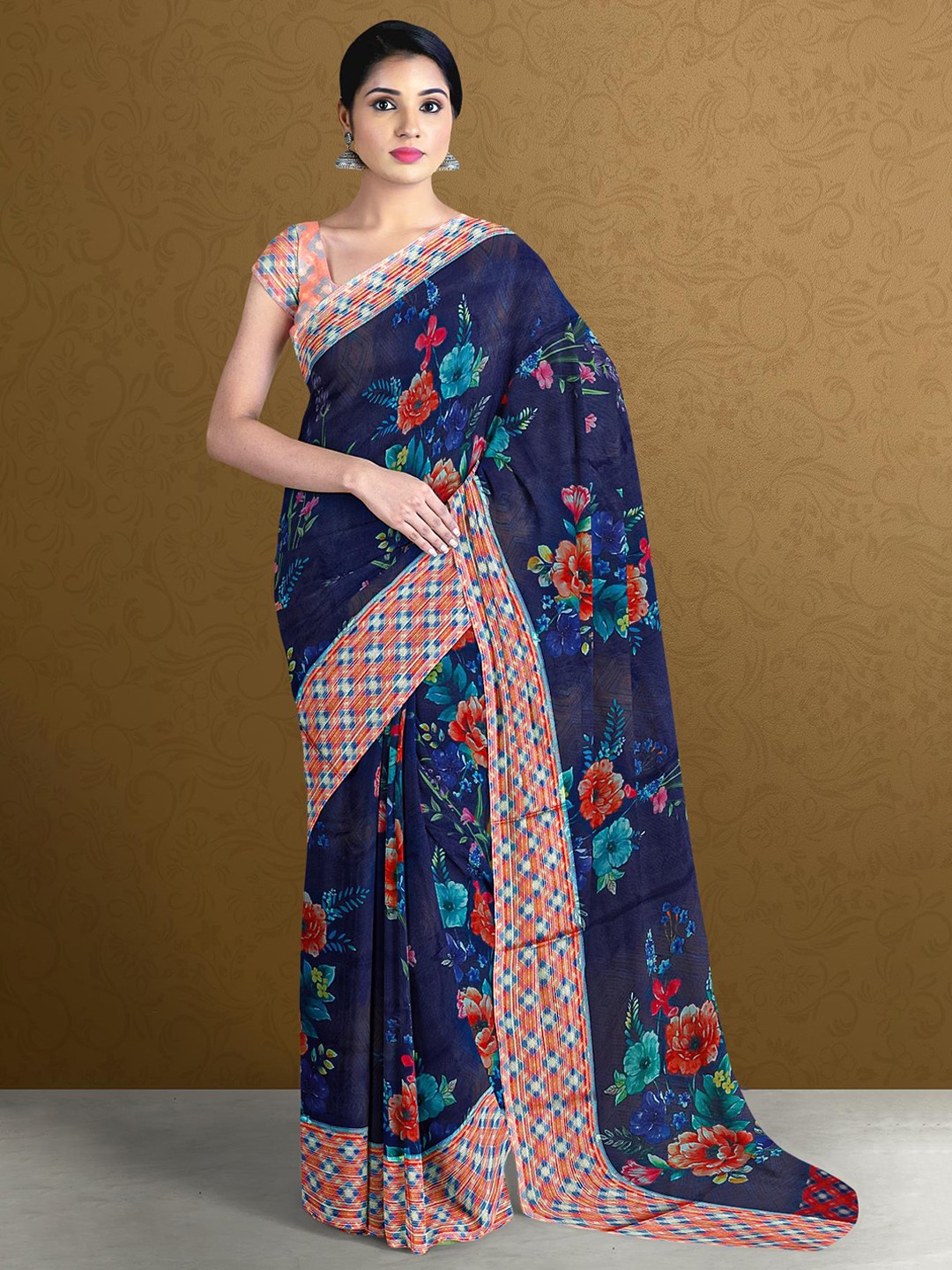 

Kalamandir Navy Blue & Red Floral Silk Blend Saree