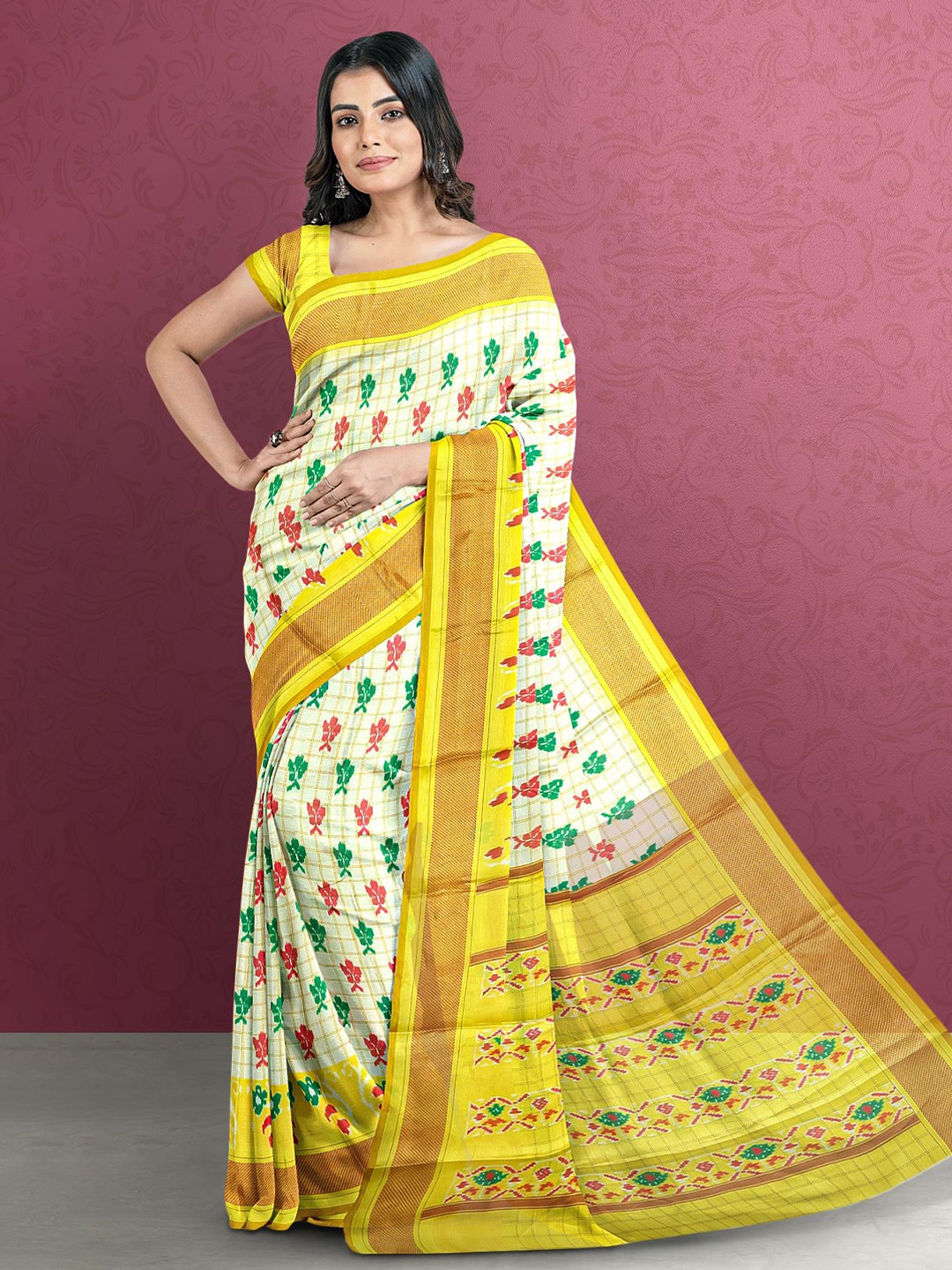 

Kalamandir Cream-Coloured & Yellow Floral Silk Blend Saree