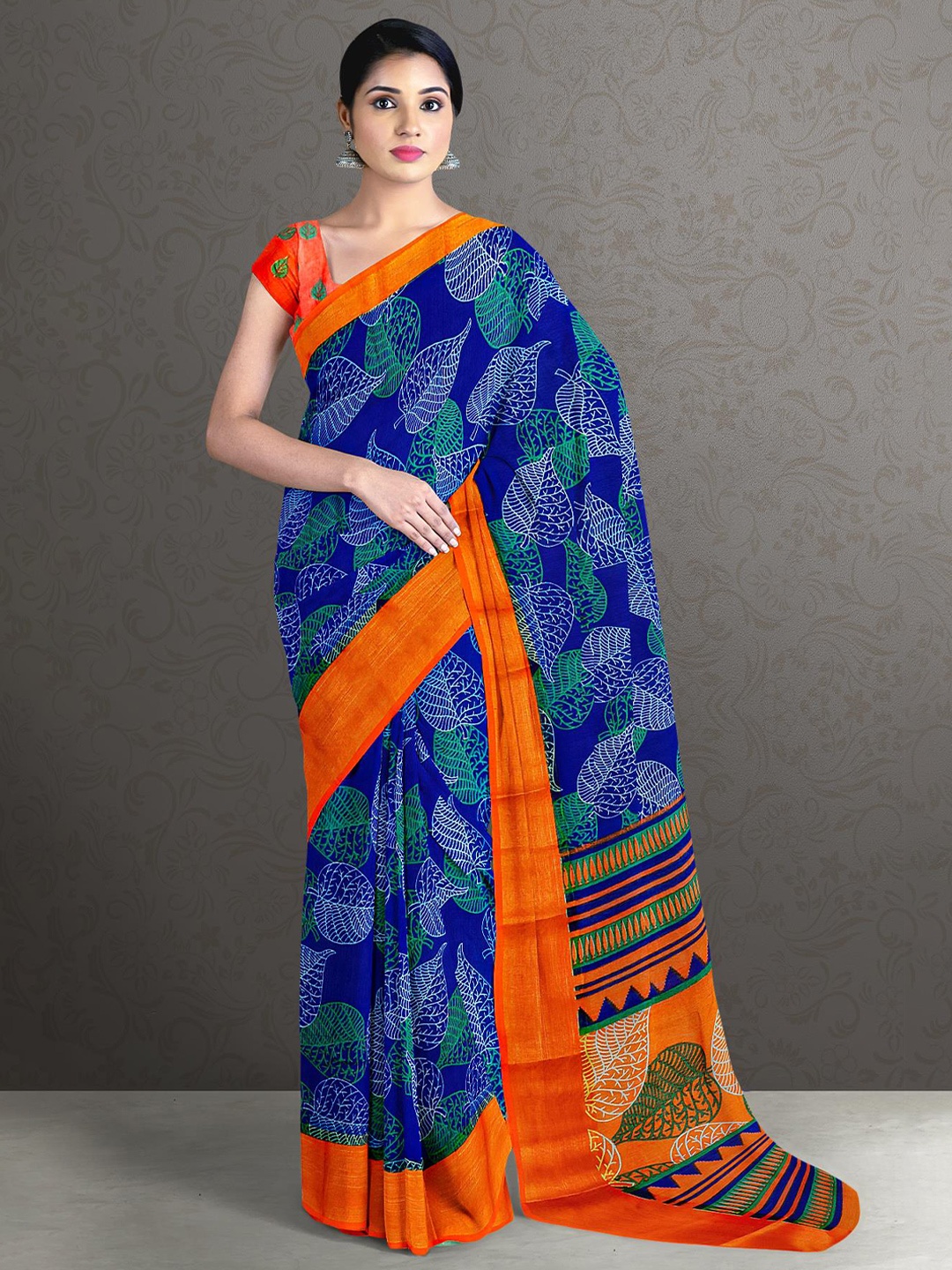 

Kalamandir Blue & Orange Floral Printed Saree