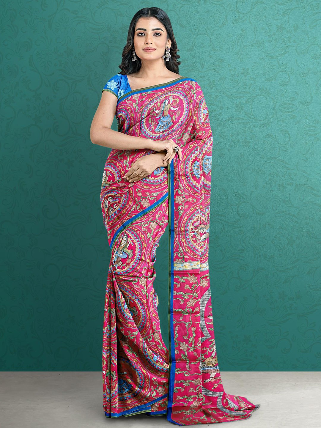 

Kalamandir Pink & Blue Ethnic Motifs Silk Blend Saree