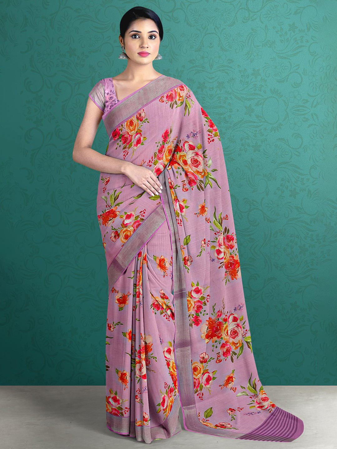 

Kalamandir Lavender & Red Floral Linen Blend Saree