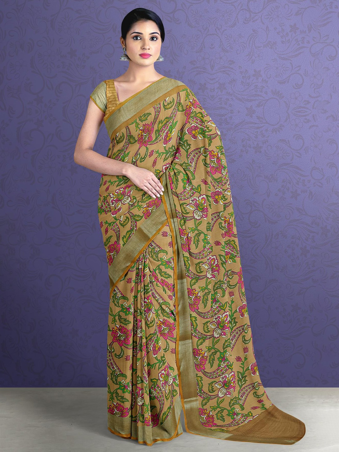 

Kalamandir Beige & Pink Floral Linen Blend Saree